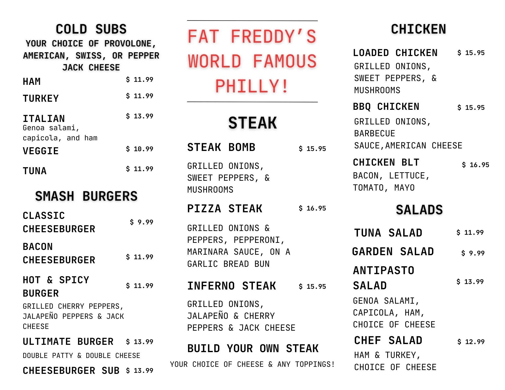 Fat Freddy's takeout menu — Cold Subs, Smash Burgers, World Famous Philly Steak, Chicken, Salads