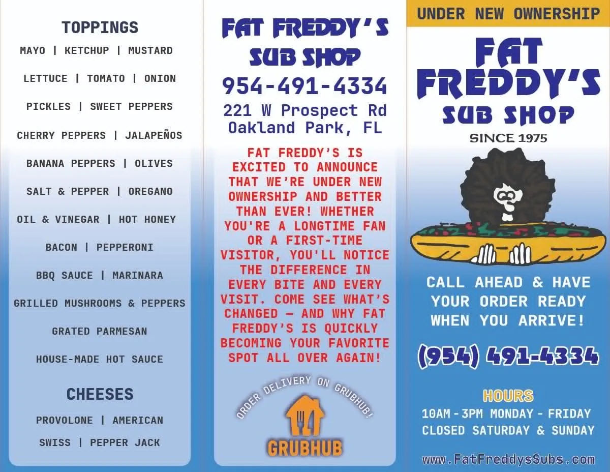 Fat Freddy's takeout menu cover — under new ownership, toppings, cheeses, address, phone, hours, Grubhub